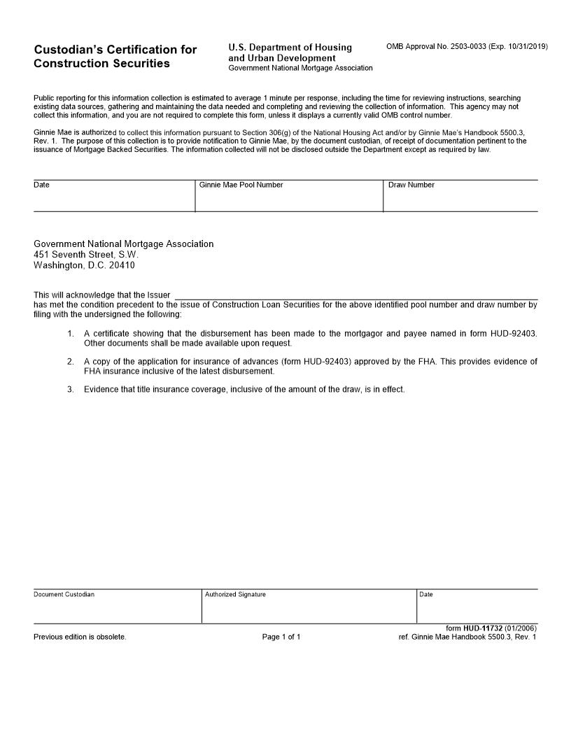 Custodians Certification For Construction Securities {HUD-11732} | Pdf Fpdf Doc Docx | Official Federal Forms