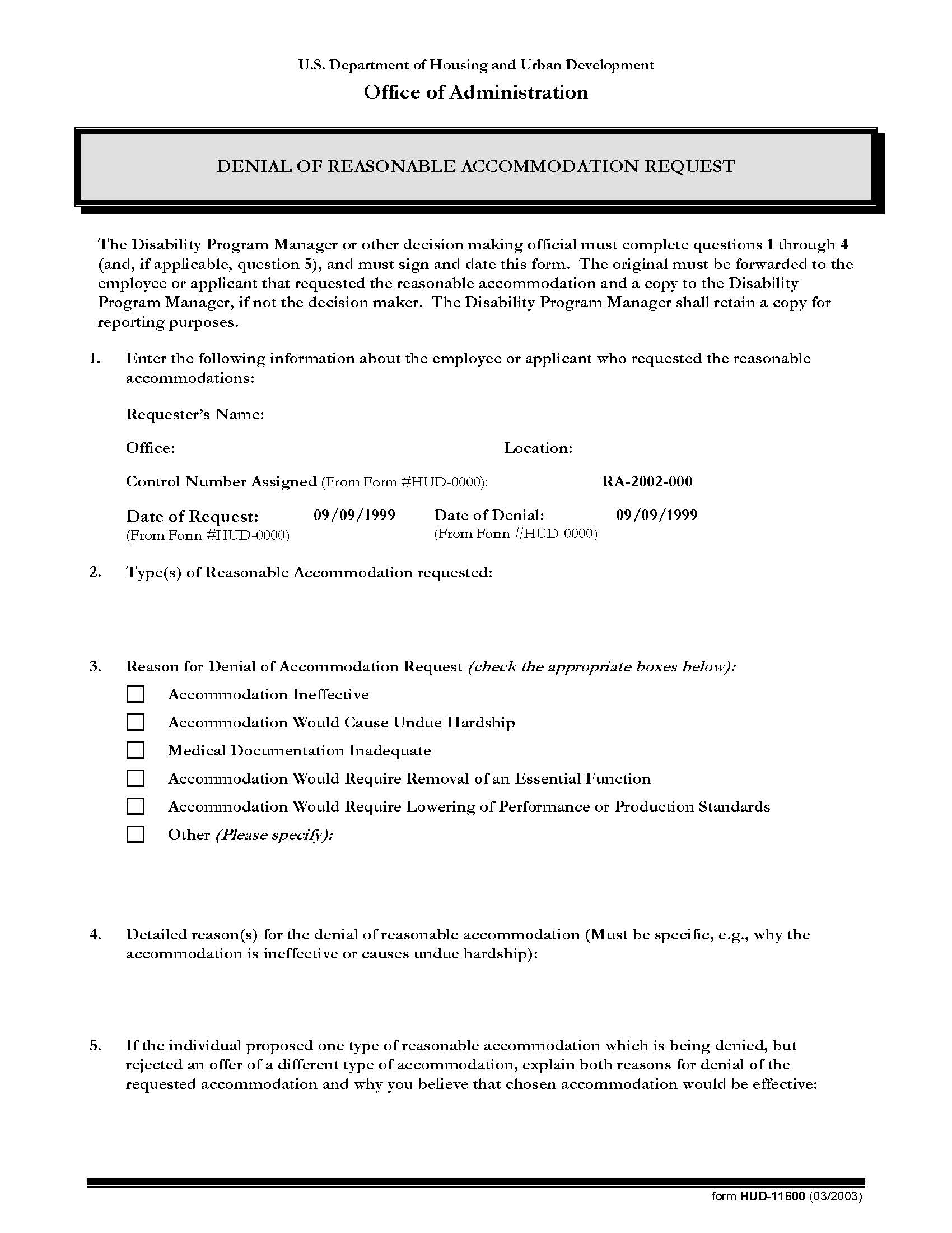 Denial Of Reasonable Accomodation Request {HUD-11600} | Pdf Fpdf Doc Docx | Official Federal Forms