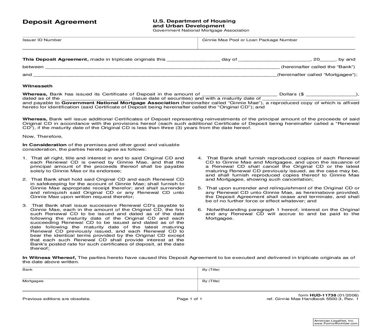 Deposit Agreement {HUD-11738} | Pdf Fpdf Doc Docx | Official Federal Forms