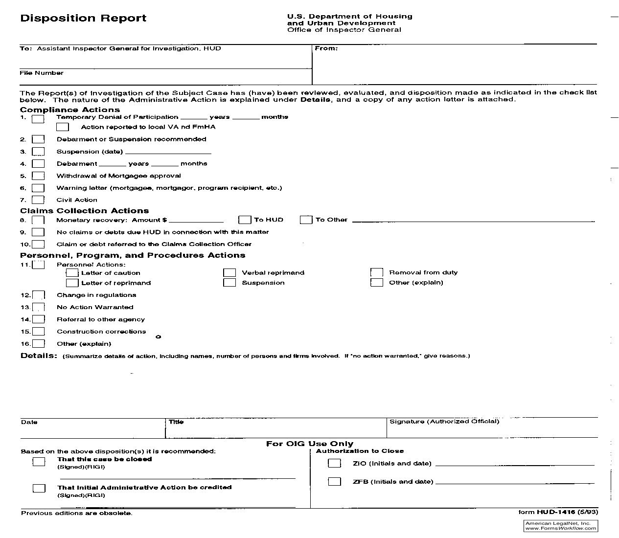 Disposition Report {HUD-1416} | Pdf Fpdf Doc Docx | Official Federal Forms