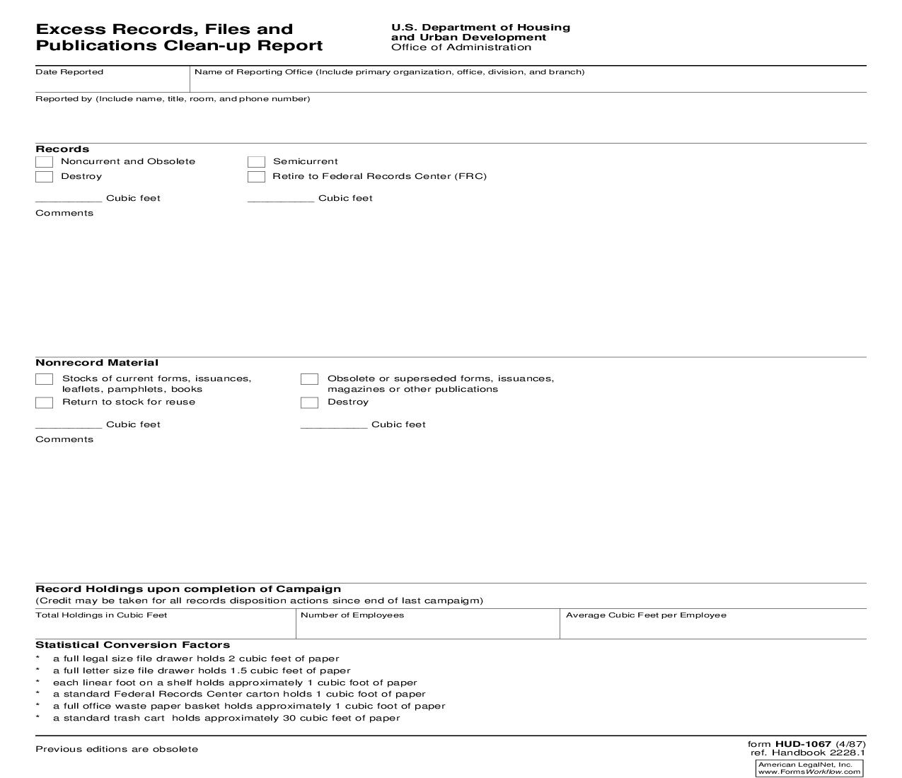 Excess Records Files And Publications Clean-Up Report {HUD-1067} | Pdf Fpdf Doc Docx | Official Federal Forms