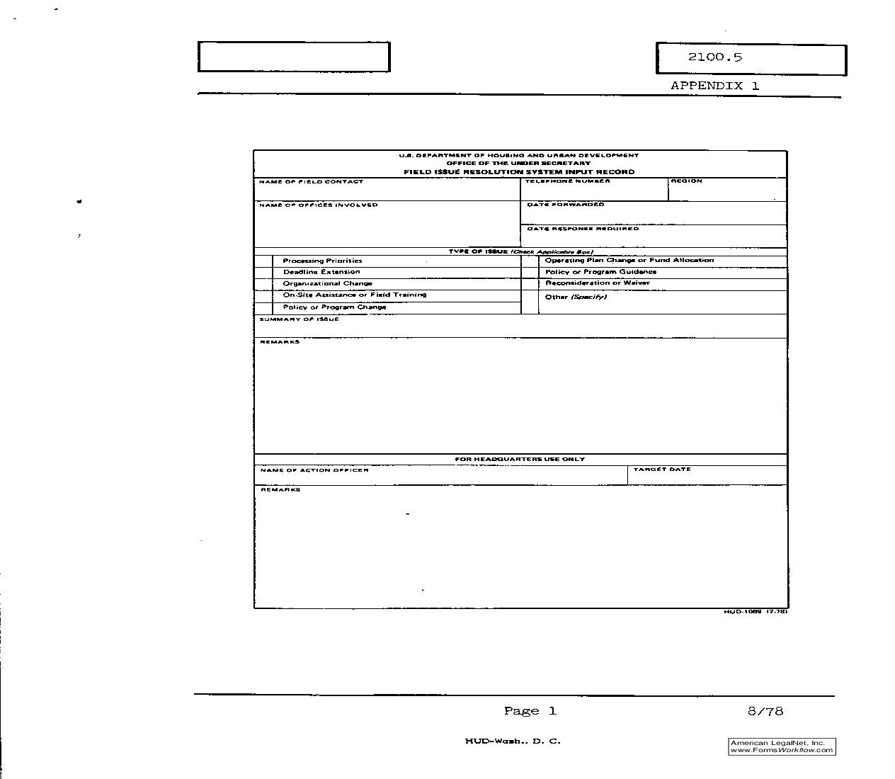 Field Issue Resolution System Input Record {HUD-1069} | Pdf Fpdf Doc Docx | Official Federal Forms