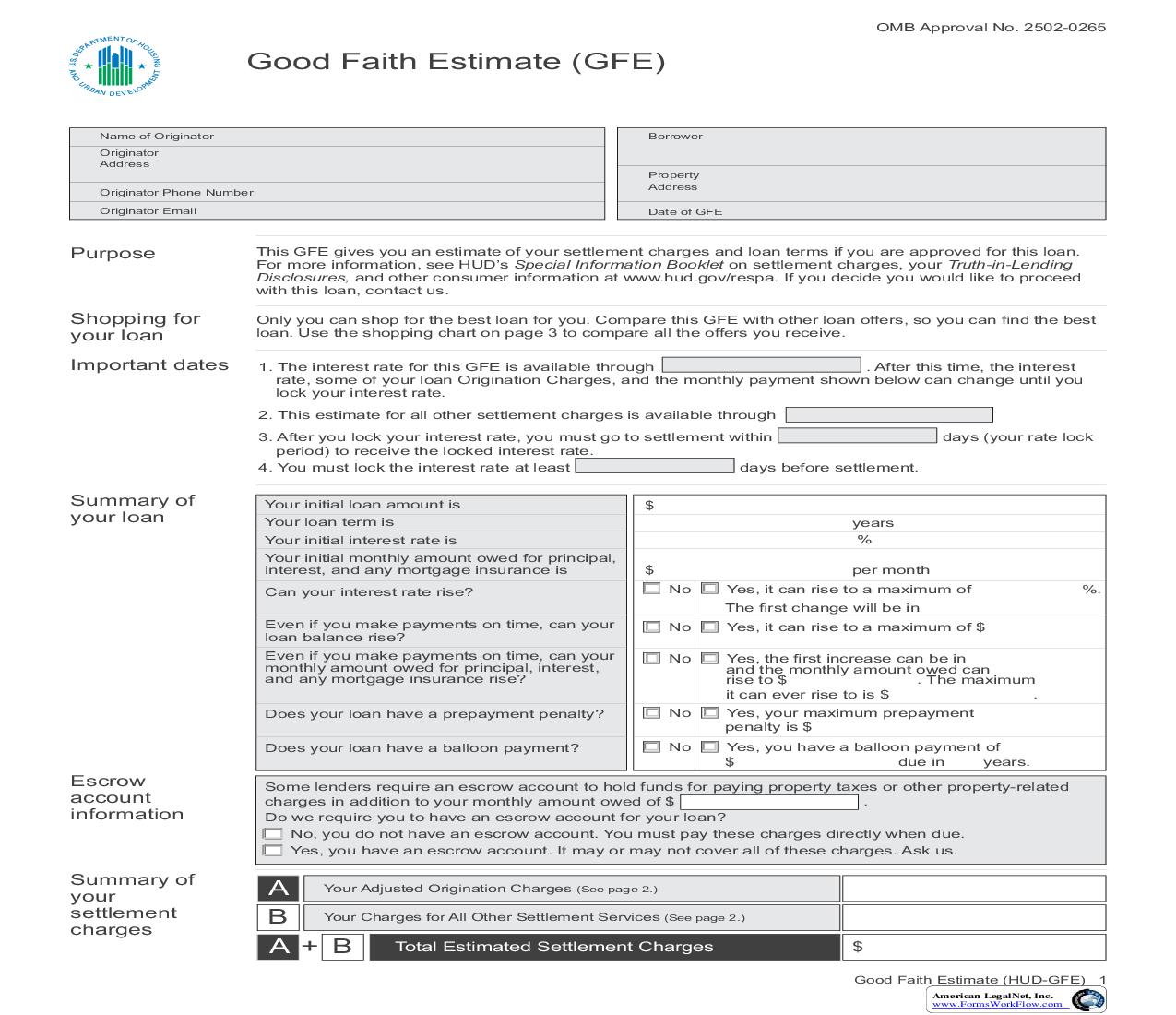 Good Faith Estimate {HUD-GFE} | Pdf Fpdf Doc Docx | Official Federal Forms