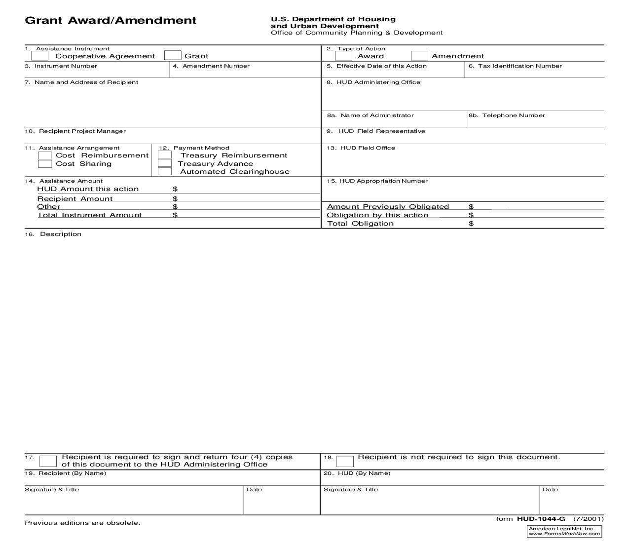 Grant Award-Amendment {HUD-1044-G} | Pdf Fpdf Doc Docx | Official Federal Forms