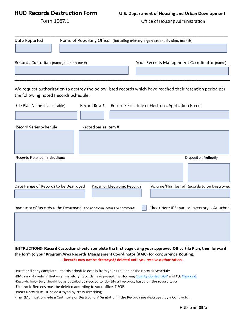 HUD Records Destruction Form (Housing) {HUD-1067.1} | Pdf Fpdf Docx | Official Federal Forms