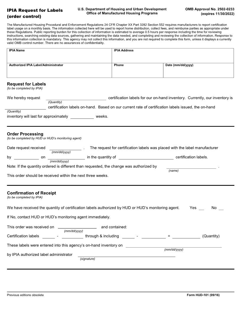 IPIA Request For Labels (Order Control) {HUD-101} | Pdf Fpdf Doc Docx | Official Federal Forms
