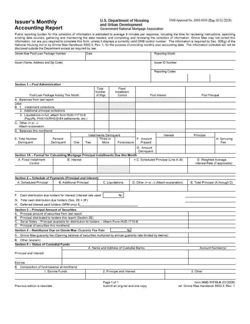Issuers Monthly Accounting Report (GNMA Mortgage-Backed Securities Program) {HUD-11710-A} | Pdf Fpdf Doc Docx | Official Federal Forms