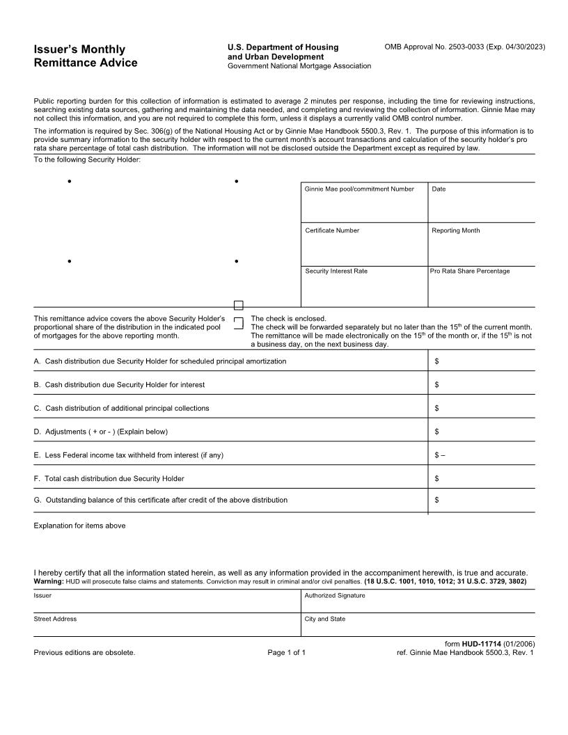 Issuers Monthly Remittance Advice {HUD-11714} | Pdf Fpdf Doc Docx | Official Federal Forms