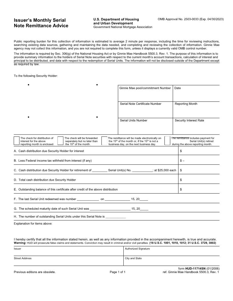 Issuers Monthly Serial Note Remittance Advice {HUD-11714SN} | Pdf Fpdf Doc Docx | Official Federal Forms