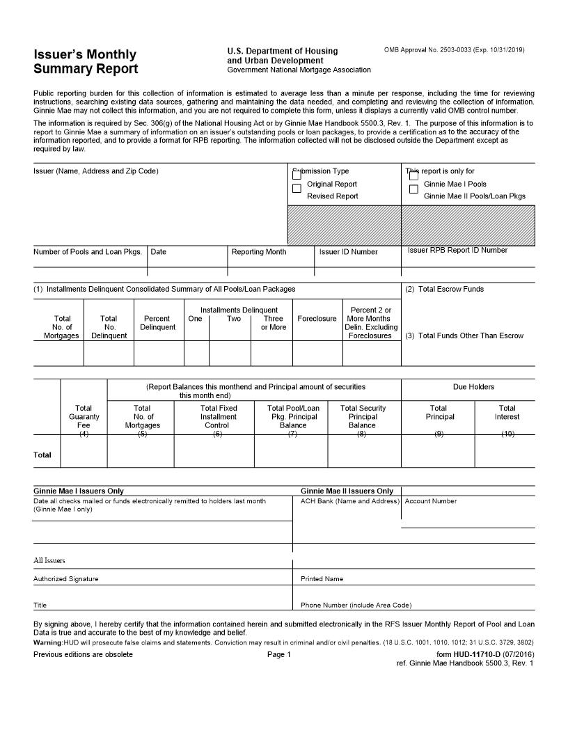 Issuers Monthly Summary Report {HUD-11710-D} | Pdf Fpdf Doc Docx | Official Federal Forms
