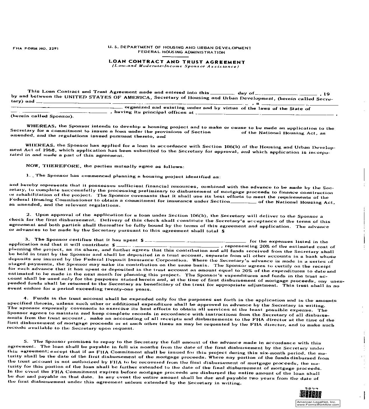 Loan Contract And Trust Agreement (Low-And Moderate-Income Sponsor Assistance) {FHA-2291} | Pdf Fpdf Doc Docx | Official Federal Forms