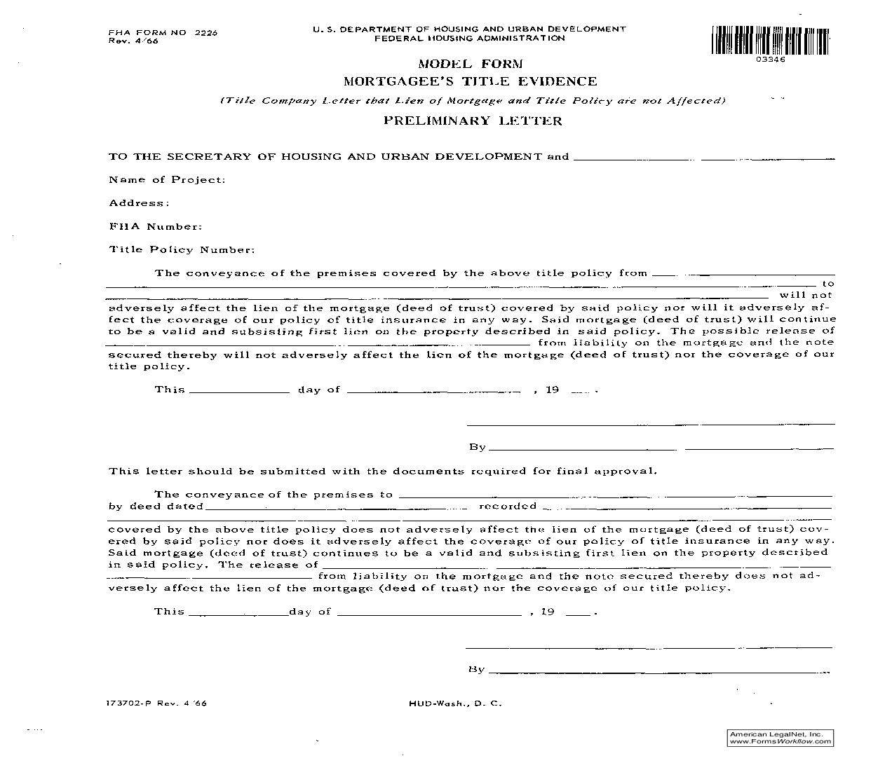 Model Form Mortgagees Title Evidence {FHA-2226} | Pdf Fpdf Doc Docx | Official Federal Forms