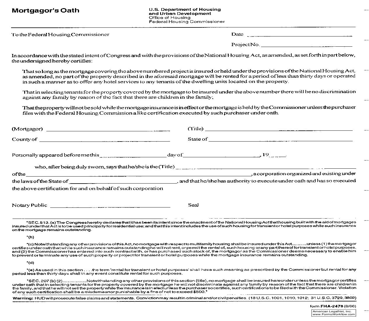 Mortgagors Oath {FHA-2478} | Pdf Fpdf Doc Docx | Official Federal Forms
