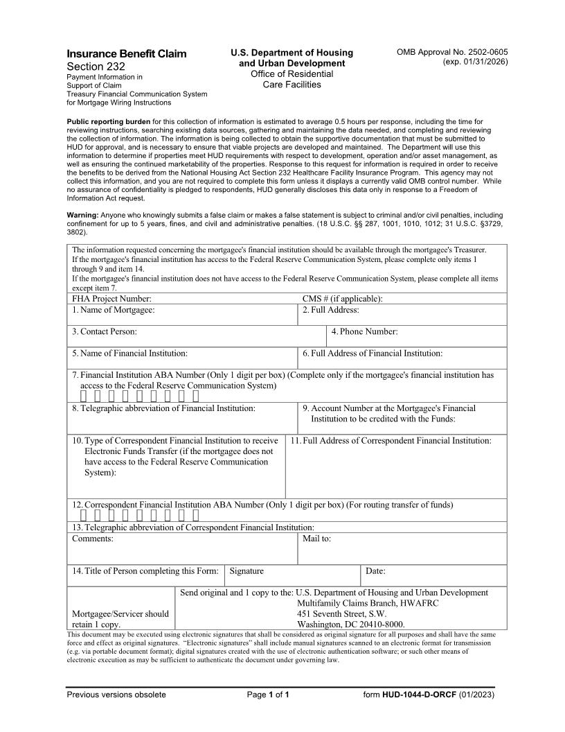 Multifamily Insurance Benefit Claim {HUD-1044-D-ORCF} | Pdf Fpdf Docx | Official Federal Forms