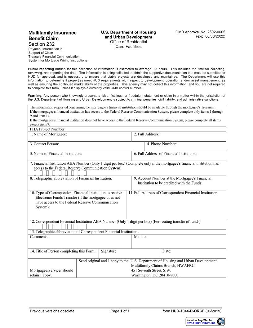 Multifamily Insurance Benefit Claim (Payment Information Treasury Financial Communication System) {HUD-1044-D} | Pdf Fpdf Docx | Official Federal Forms