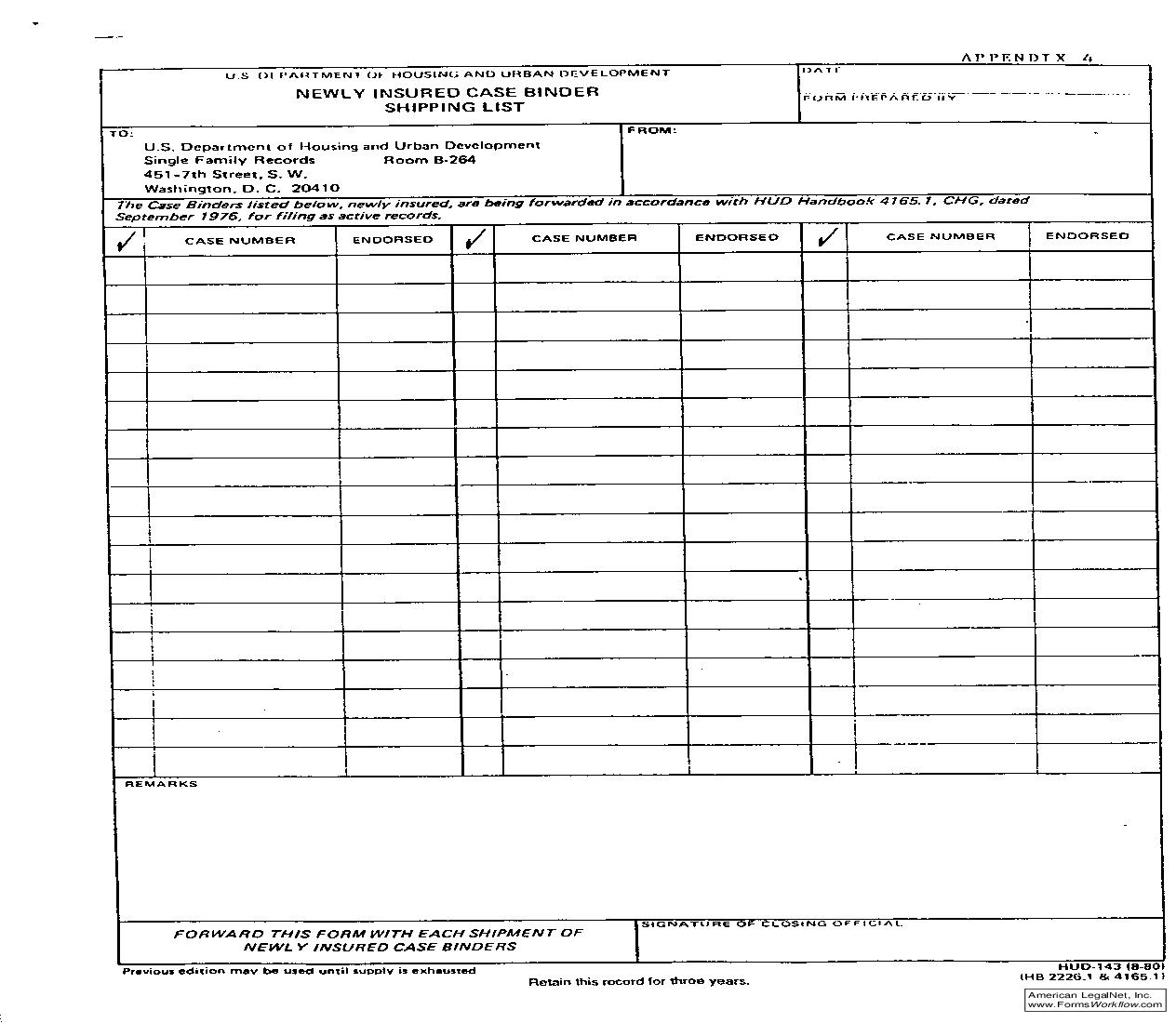 Newly Insured Case Binder Shipping List {HUD-143} | Pdf Fpdf Doc Docx | Official Federal Forms