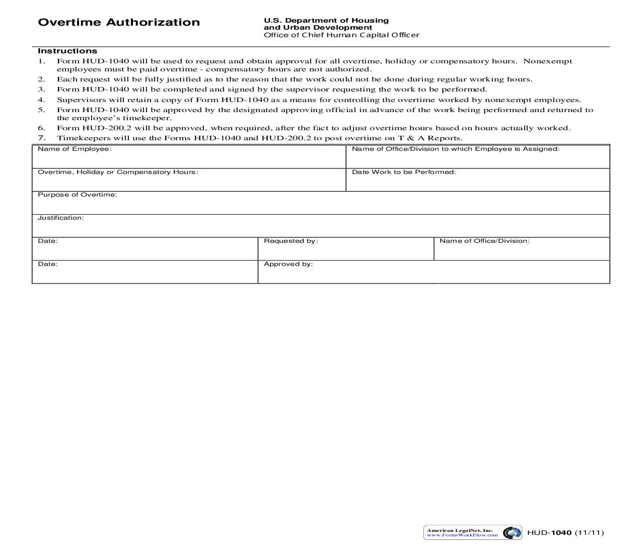 Overtime Authorization {HUD-1040} | Pdf Fpdf Doc Docx | Official Federal Forms
