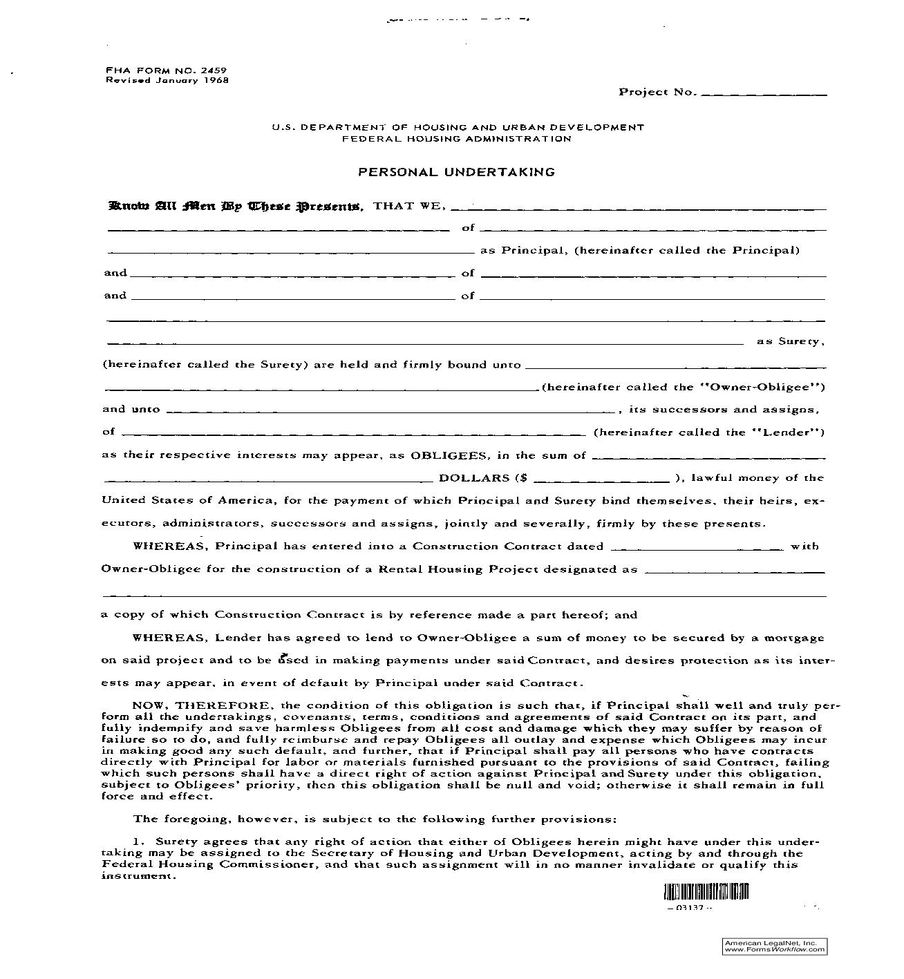 Personal Undertaking {FHA-2459} | Pdf Fpdf Doc Docx | Official Federal Forms
