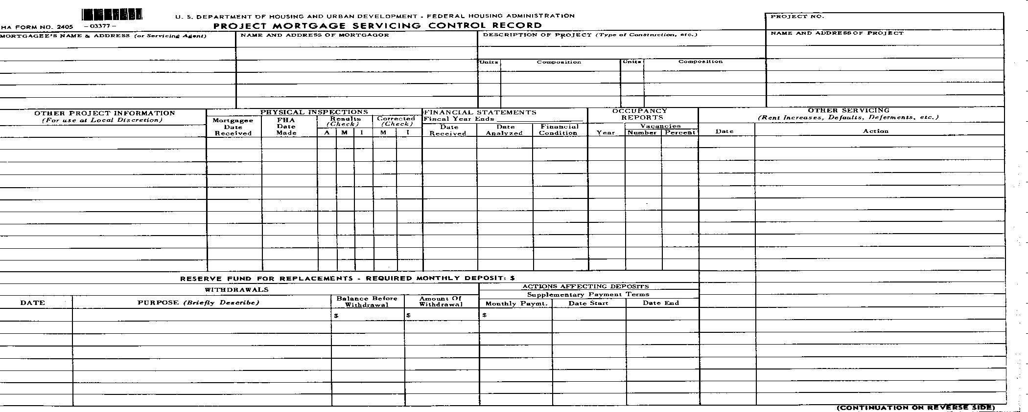 Project Mortgage Servicing Control Record {FHA-2405} | Pdf Fpdf Doc Docx | Official Federal Forms