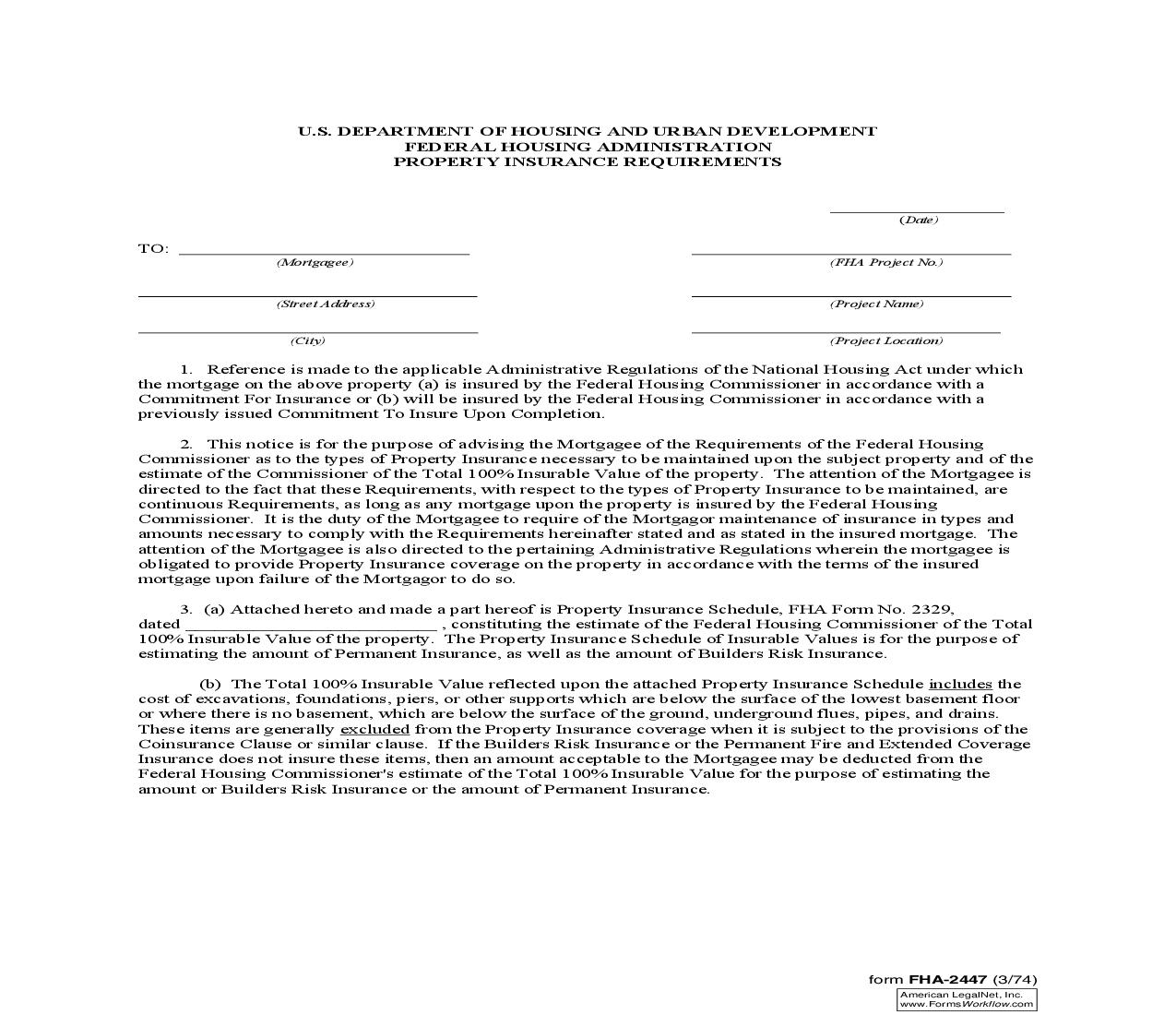 Property Insurance Requirements {FHA-2447} | Pdf Fpdf Doc Docx | Official Federal Forms
