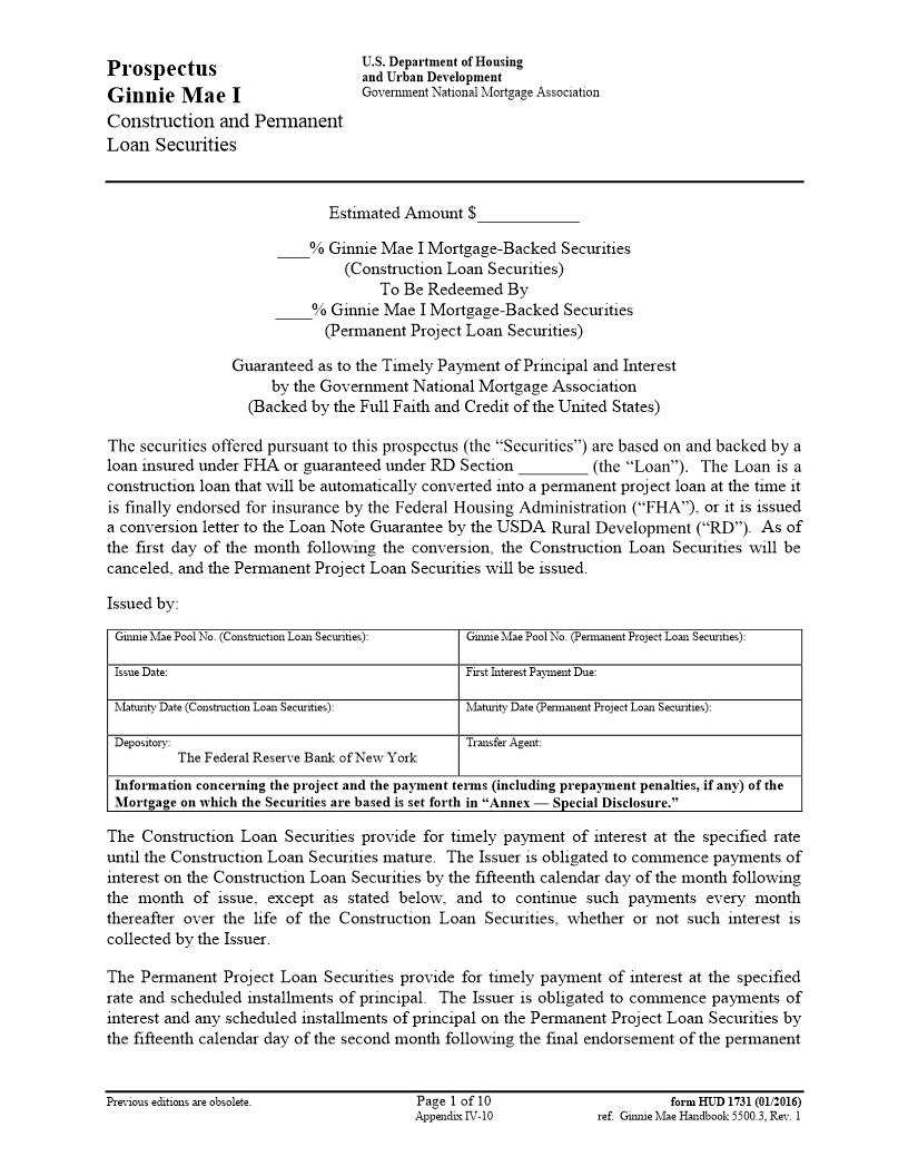 Prospectus GNMA I Construction And Loan Securities {HUD-1731} | Pdf Fpdf Doc Docx | Official Federal Forms