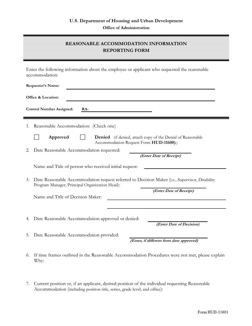 Reasonable Accommodation Information Reporting Form {HUD-11601} | Pdf Fpdf Doc Docx | Official Federal Forms
