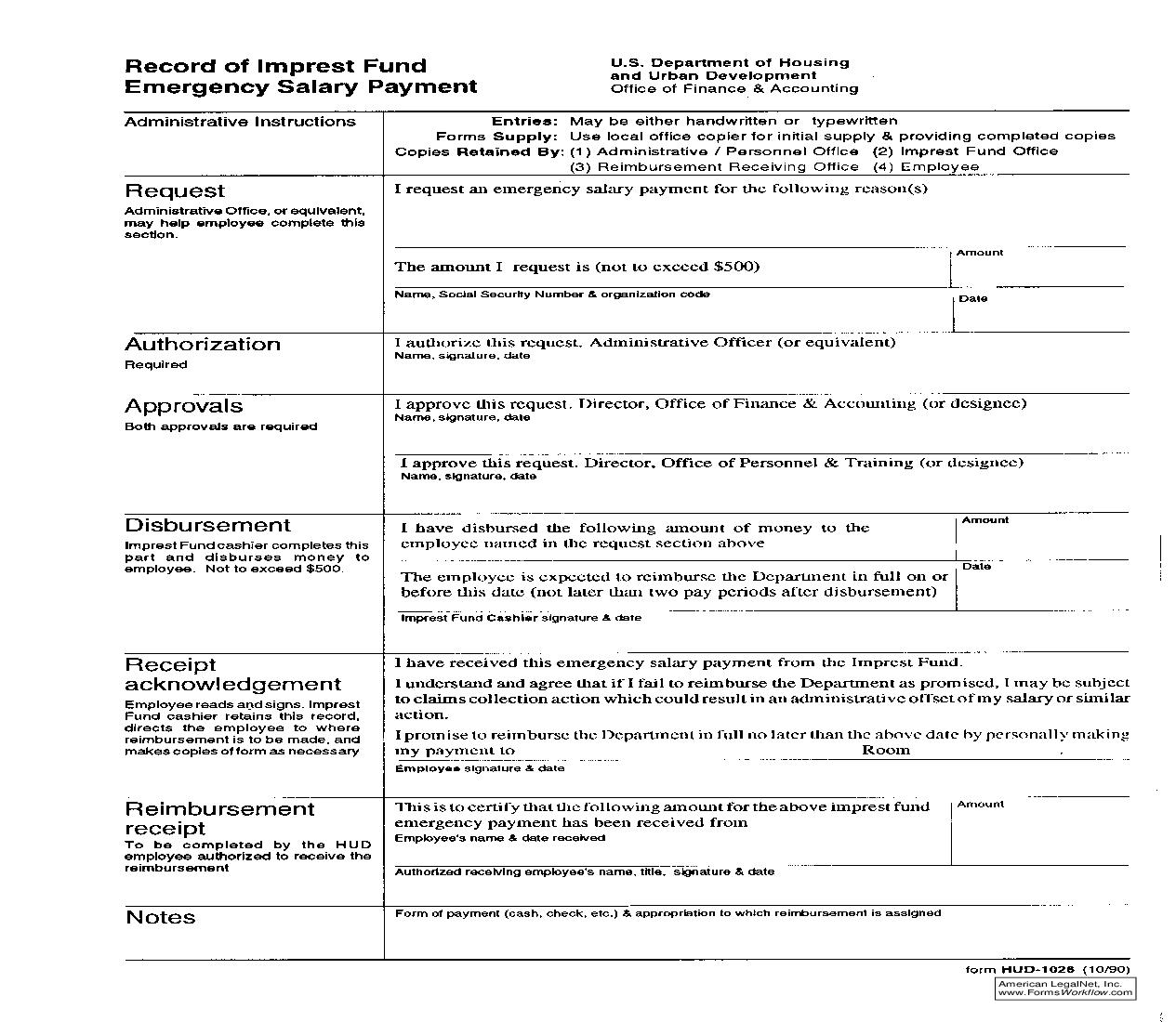 Record Of Imprest Fund Emergency Salary Payment {HUD-1026} | Pdf Fpdf Doc Docx | Official Federal Forms