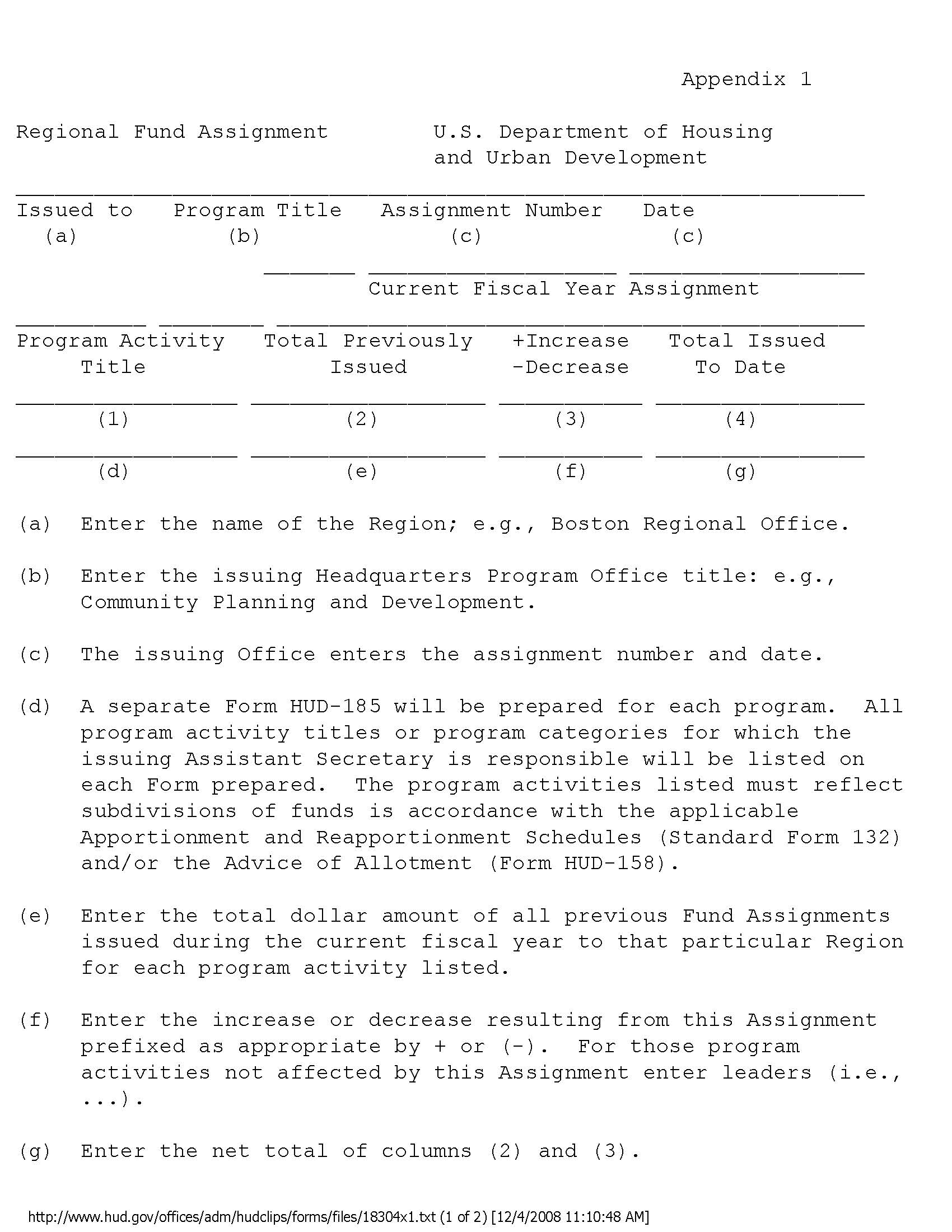 Regional Fund Assignment {HUD-185} | Pdf Fpdf Doc Docx | Official Federal Forms