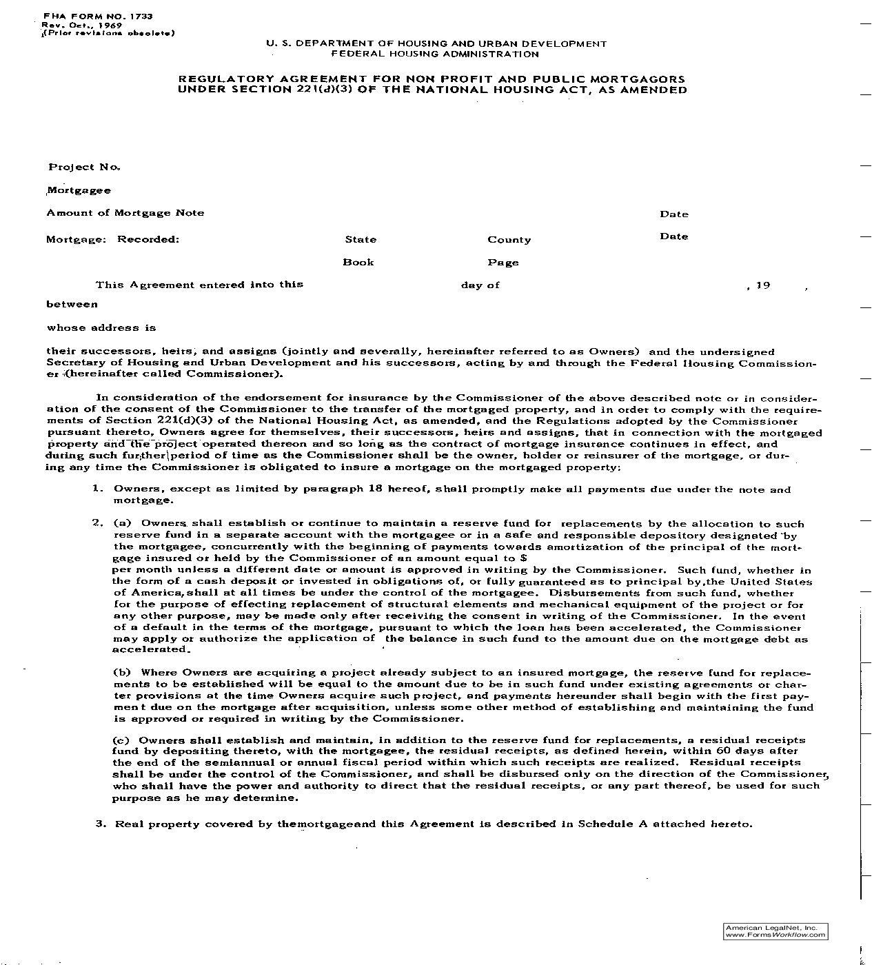 Regulatory Agreement For Non Profit And Public Mortgagors {FHA-1733} | Pdf Fpdf Doc Docx | Official Federal Forms