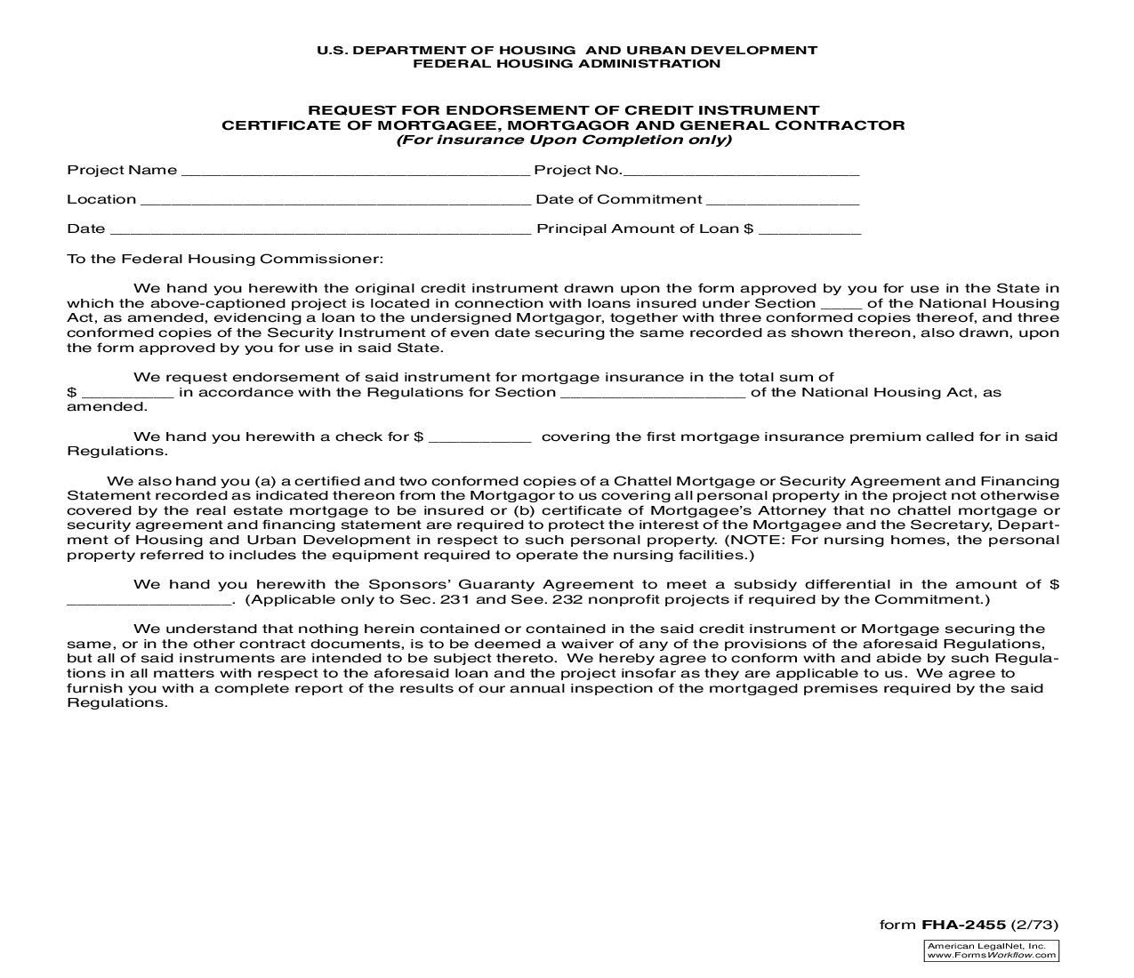 Request For Endorsement Of Credit Instrument Certificate Of Mortgagee Mortgagor {FHA-2455} | Pdf Fpdf Doc Docx | Official Federal Forms