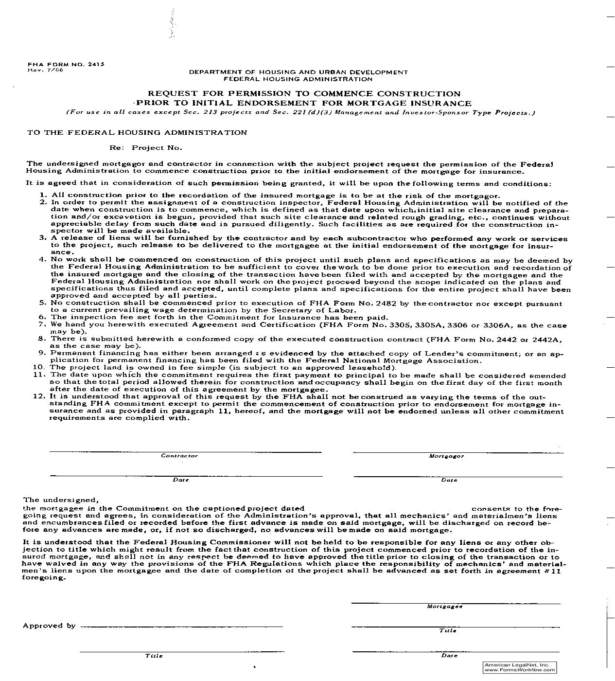 Request For Permission To Commence Construction Prior To Initial Endorsement {FHA-2415} | Pdf Fpdf Doc Docx | Official Federal Forms