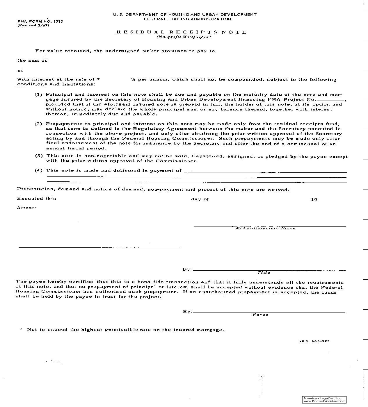 Residual Receipts Note Nonprofit Mortgagors {FHA-1710} | Pdf Fpdf Doc Docx | Official Federal Forms