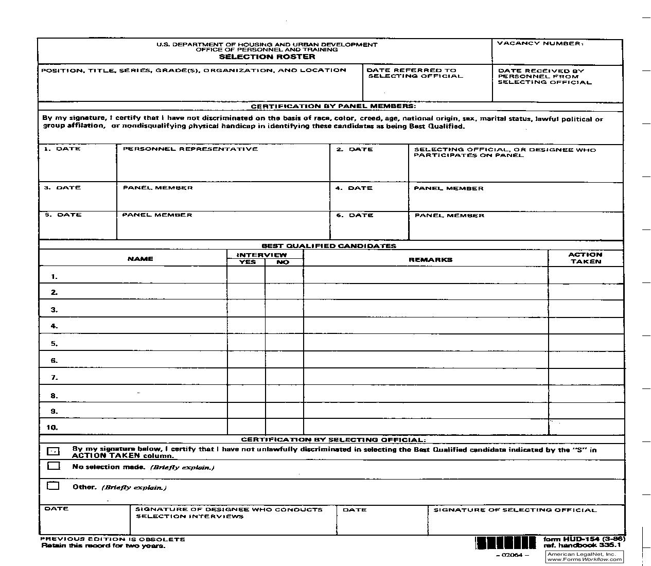 Selection Roster {HUD-154} | Pdf Fpdf Doc Docx | Official Federal Forms