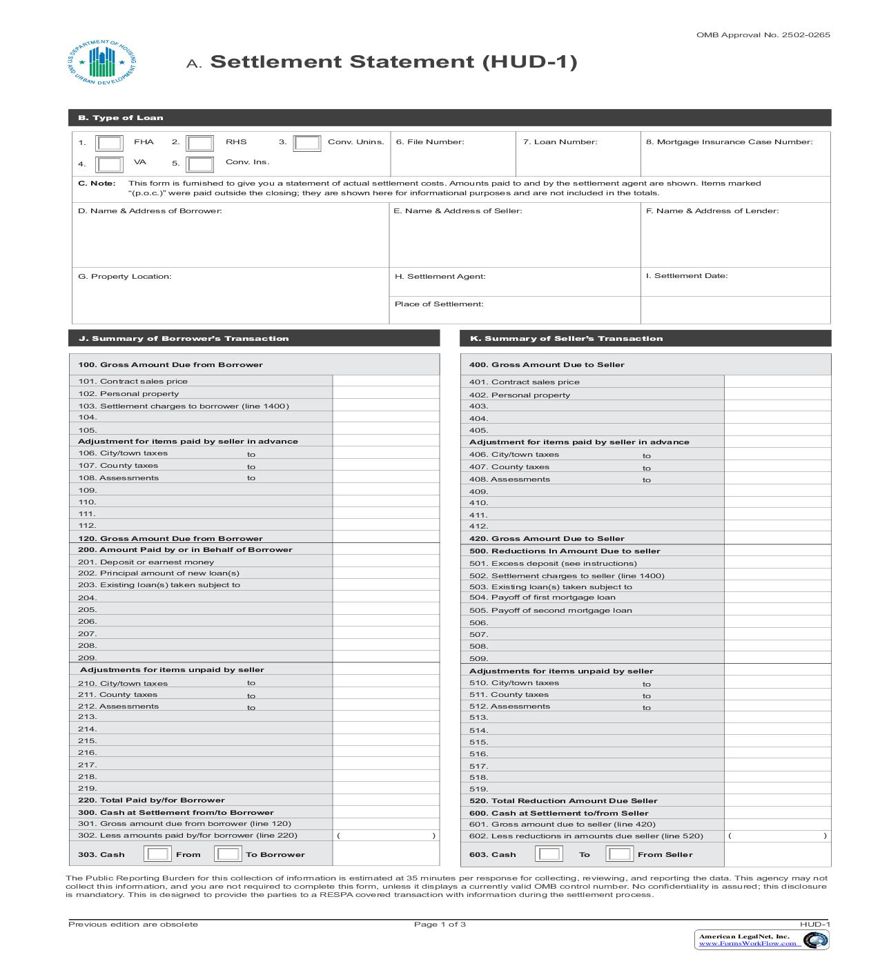 Settlement Statement {HUD-1} | Pdf Fpdf Doc Docx | Official Federal Forms