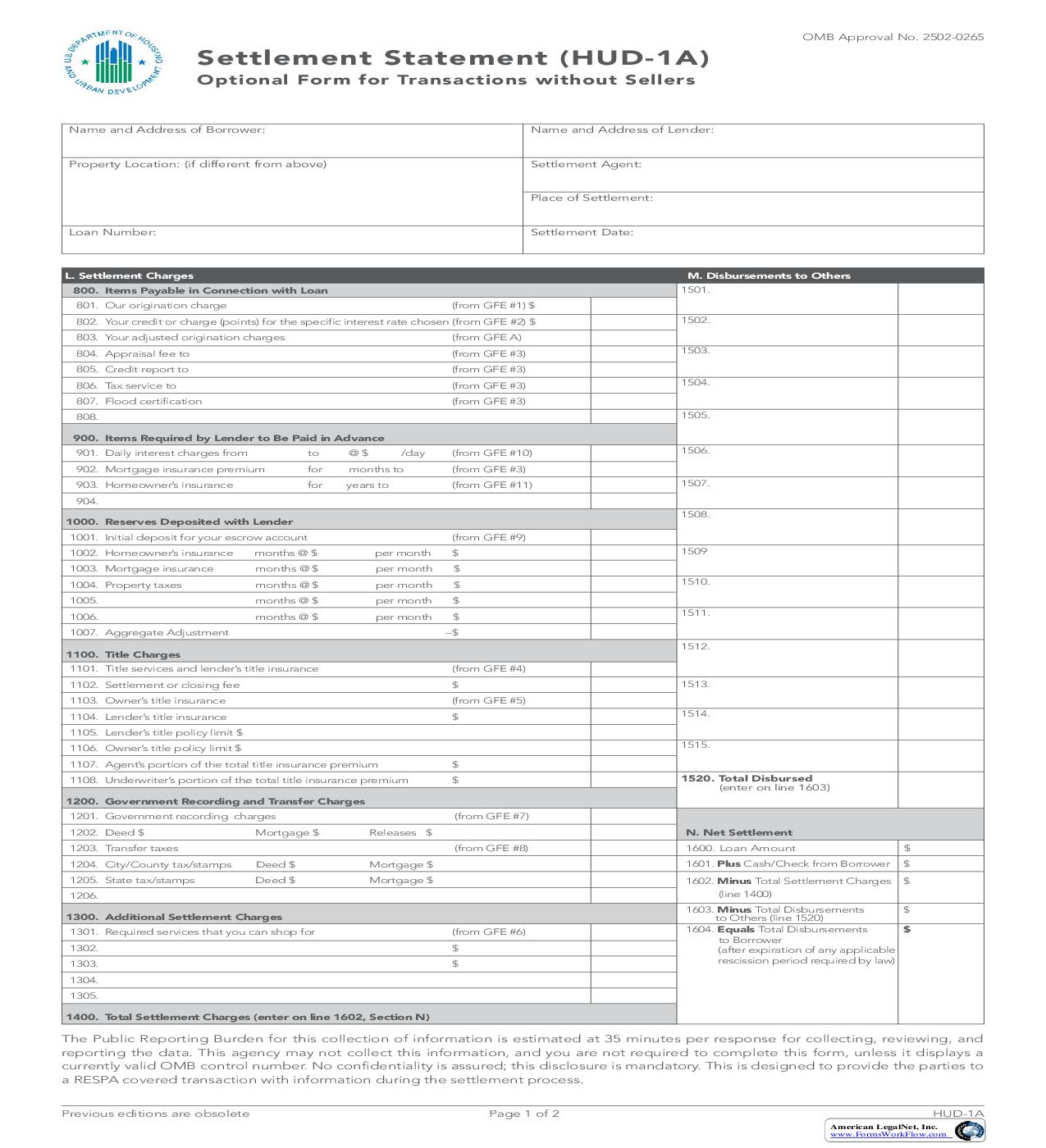 Settlement Statement Optional Form For Transactions Without Sellers {HUD-1A} | Pdf Fpdf Doc Docx | Official Federal Forms