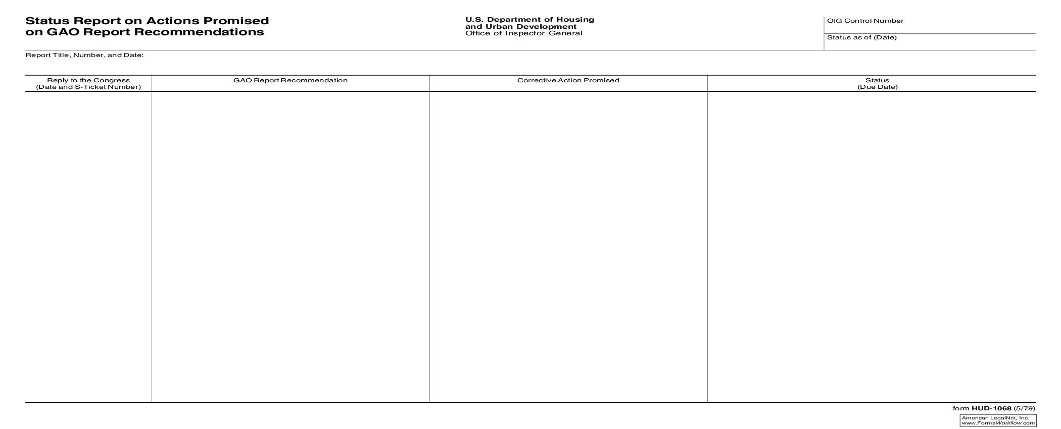Status Report On Actions Promised On GAO Report Recommendations {HUD-1068} | Pdf Fpdf Doc Docx | Official Federal Forms