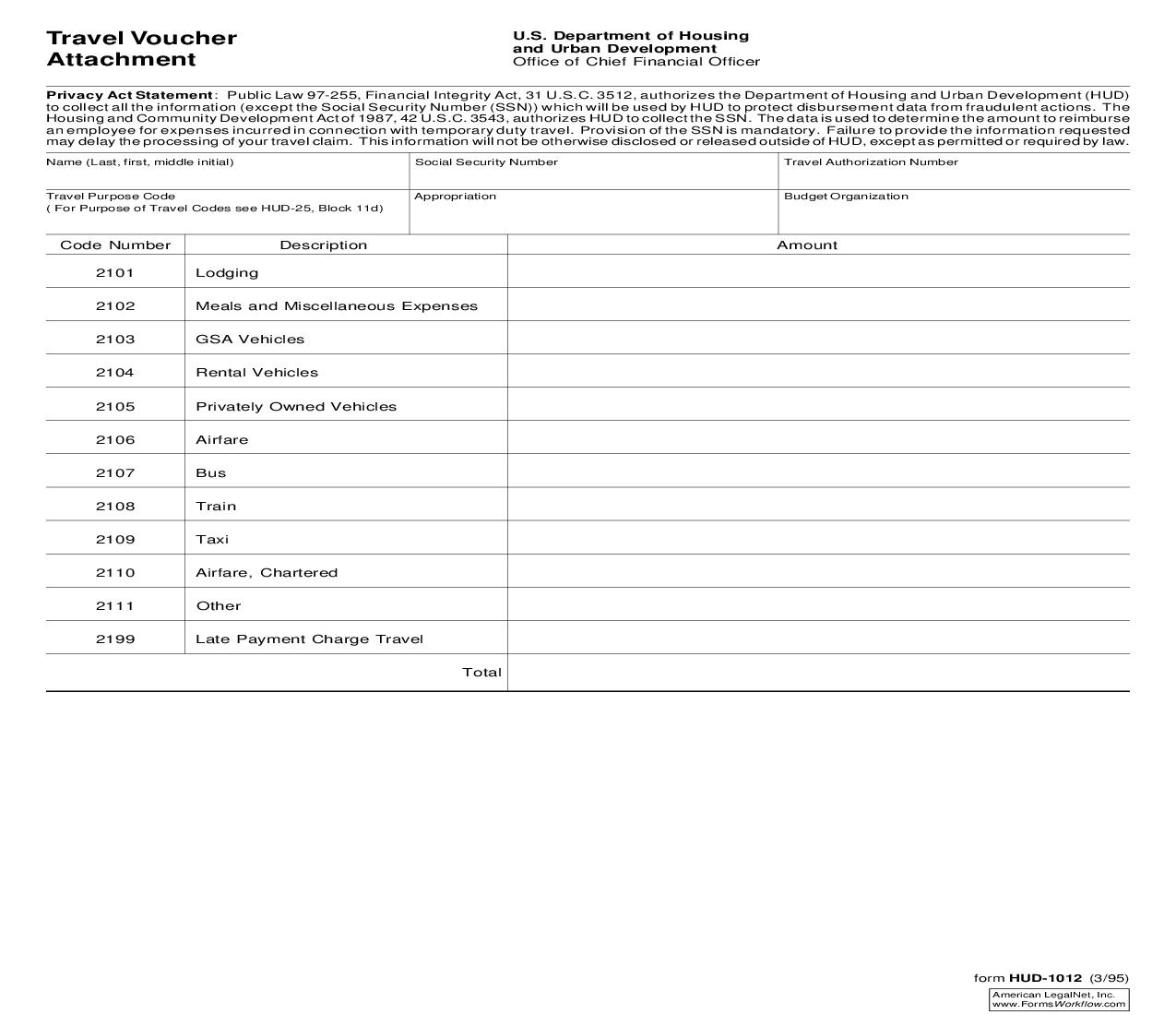 Travel Voucher Attachment {HUD-1012} | Pdf Fpdf Doc Docx | Official Federal Forms