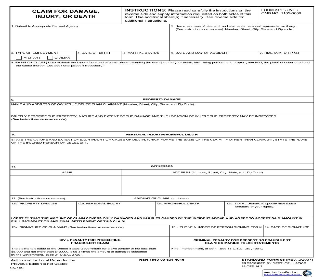 Claim For Damage Injury Or Death {SF-95} | Pdf Fpdf Doc Docx | Official Federal Forms