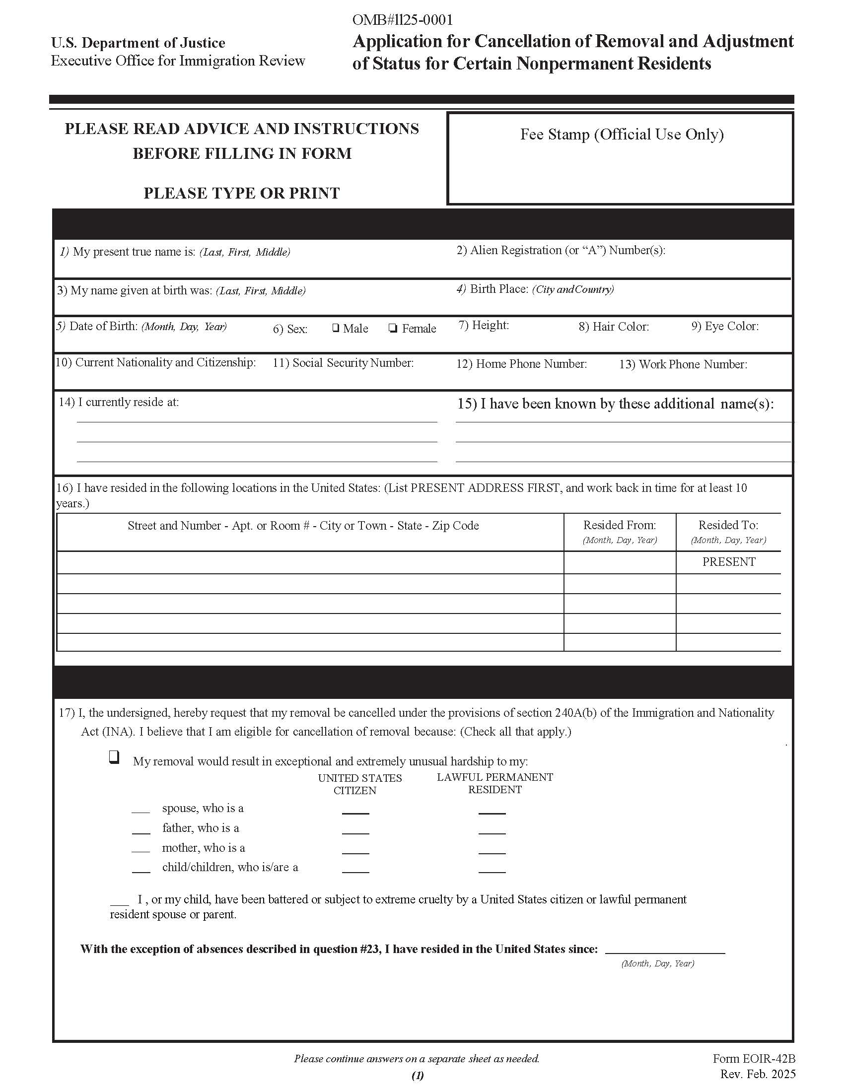 Application For Cancellation Of Removal And Adjustment Of Status For Certain Nonpermanent Residents {EOIR-42B} | Pdf Fpdf Doc Docx | Official Federal Forms