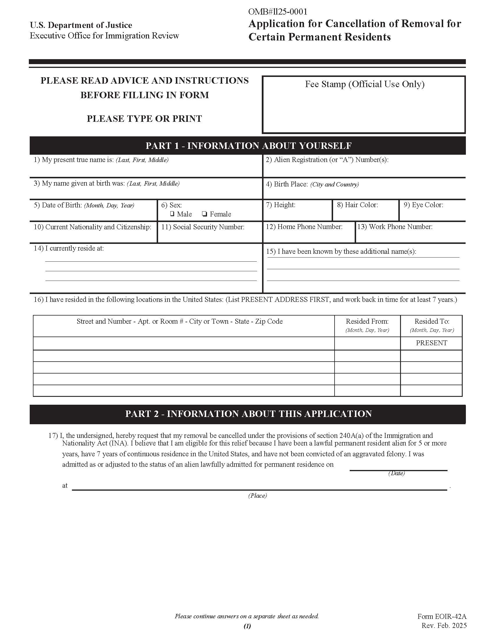 Application For Cancellation Of Removal For Certain Permanent Residents {EOIR-42A} | Pdf Fpdf Doc Docx | Official Federal Forms