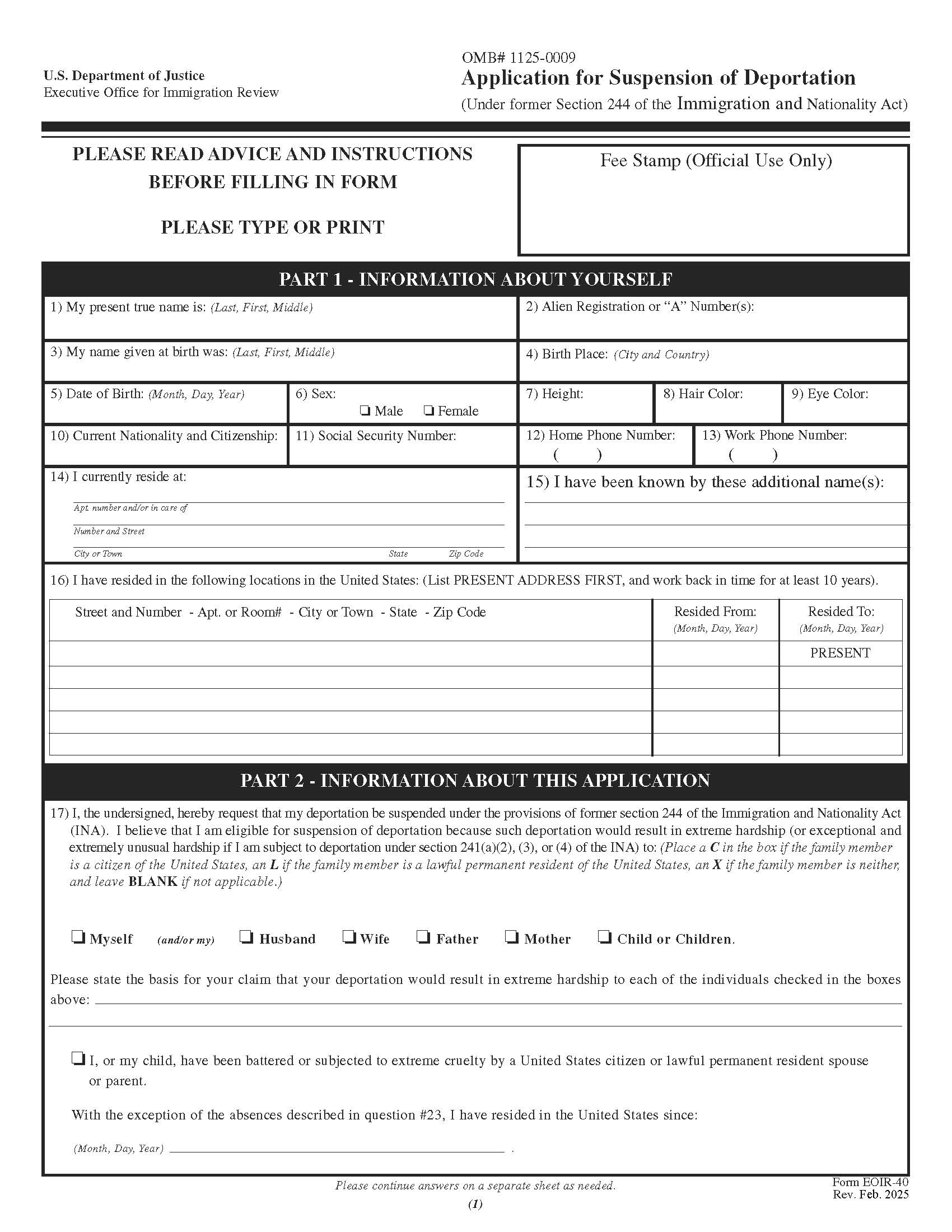 Application For Suspension Of Deportation {EOIR-40} | Pdf Fpdf Doc Docx | Official Federal Forms