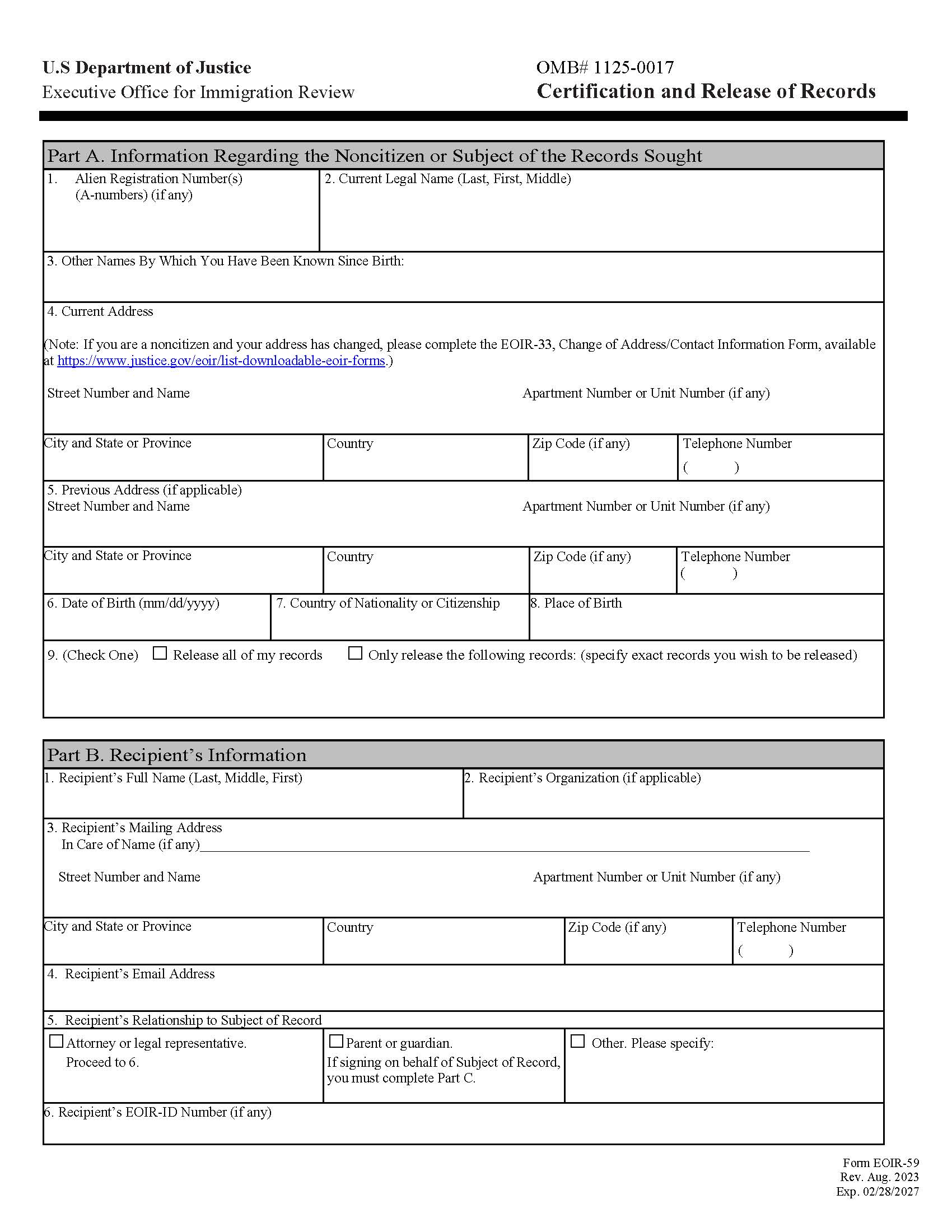 Certification And Release Of Records {EOIR-59} | Pdf Fpdf Docx | Official Federal Forms