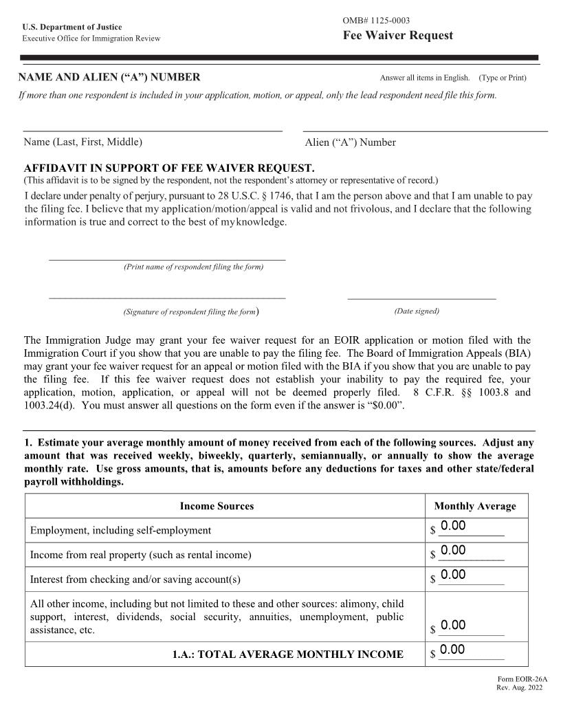 Fee Waiver Request {EOIR-26A} | Pdf Fpdf Doc Docx | Official Federal Forms