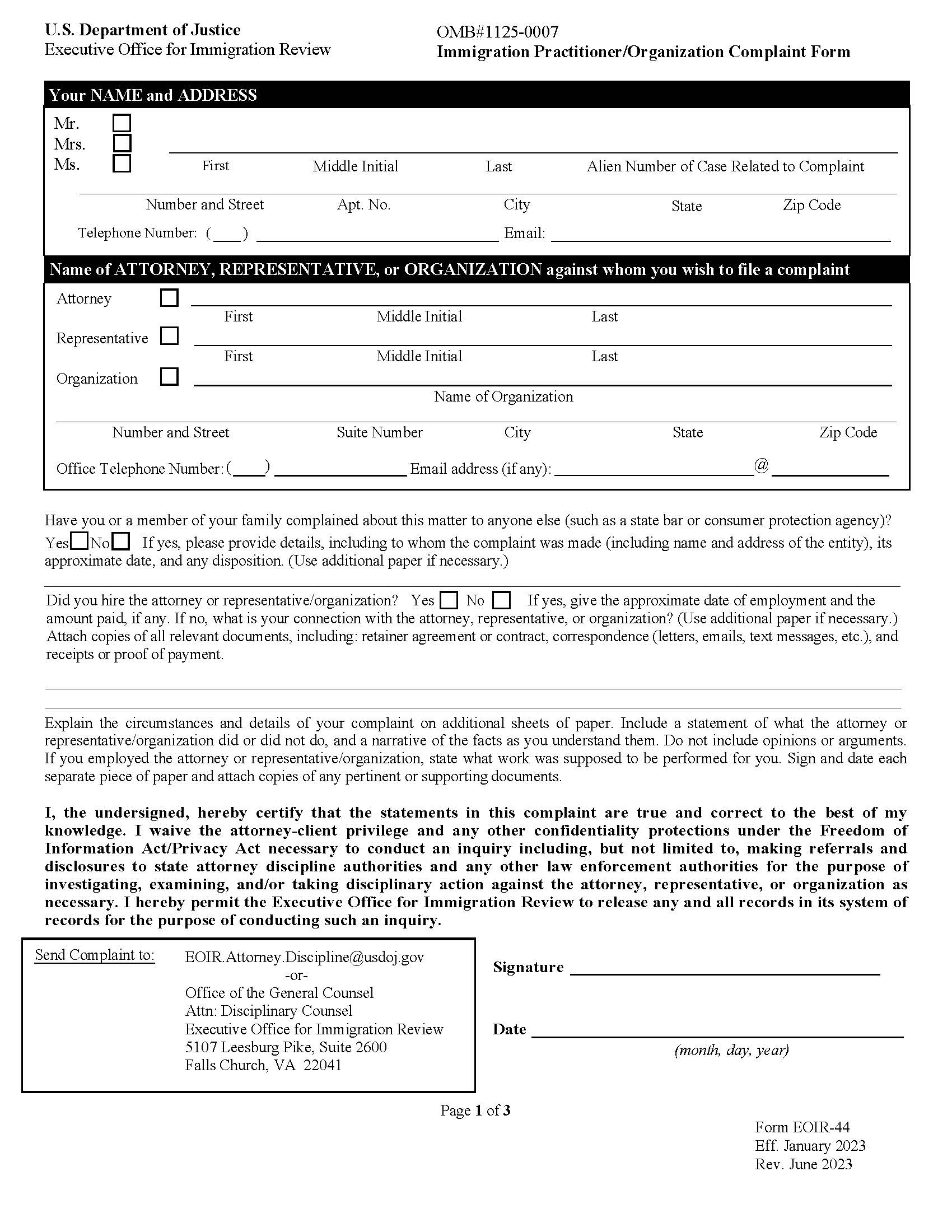 Immigration Practitioner Complaint Form {EOIR-44} | Pdf Fpdf Doc Docx | Official Federal Forms