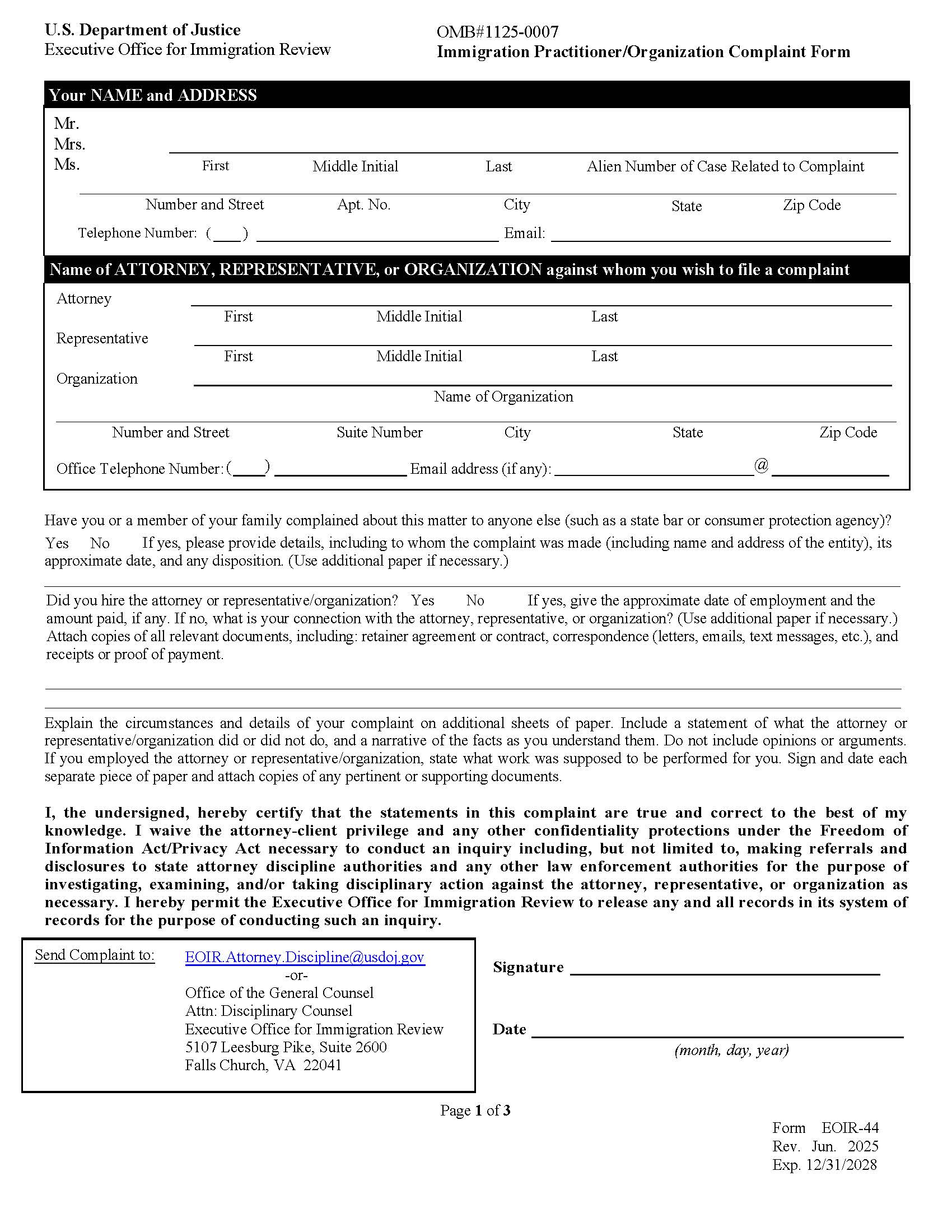 Immigration Practitioner Complaint Form {EOIR-44} | Pdf Fpdf Doc Docx | Official Federal Forms