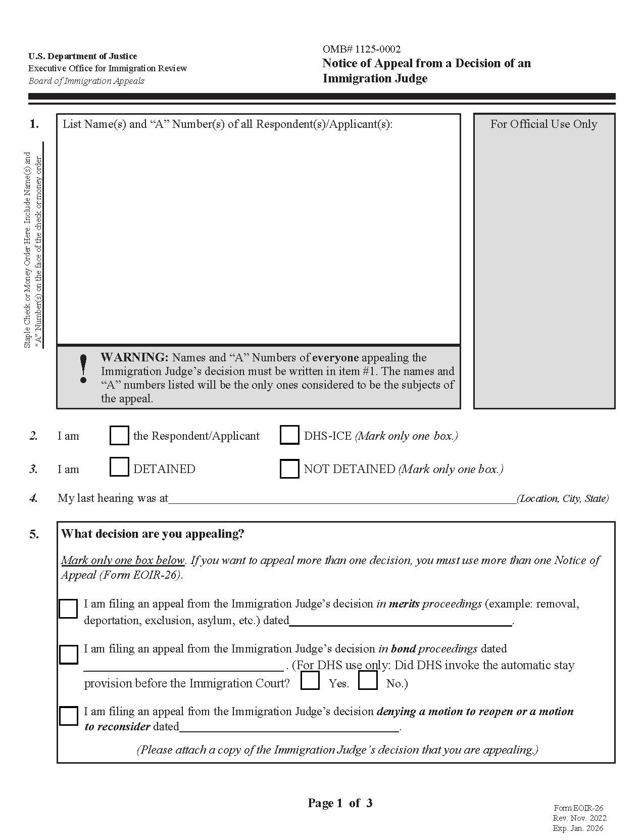 Notice Of Appeal From A Decision Of An Immigration Judge {EOIR-26} | Pdf Fpdf Doc Docx | Official Federal Forms