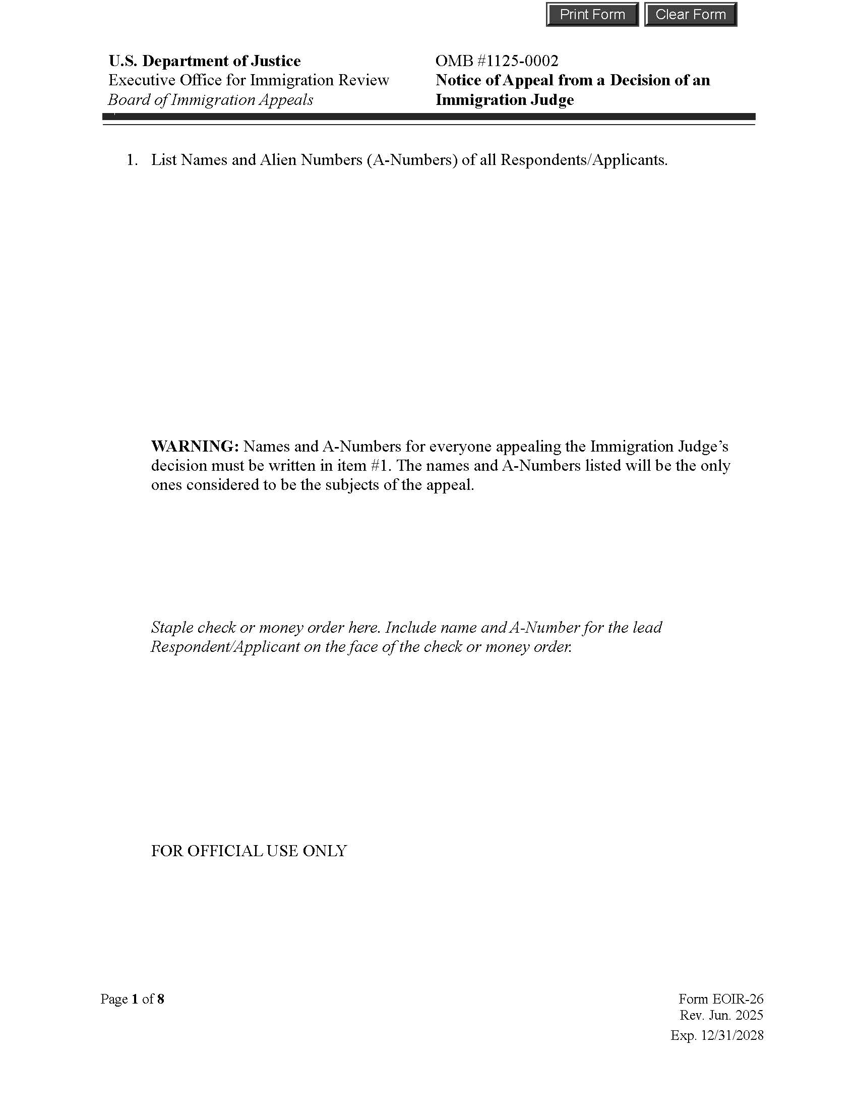 Notice Of Appeal From A Decision Of An Immigration Judge {EOIR-26} | Pdf Fpdf Doc Docx | Official Federal Forms