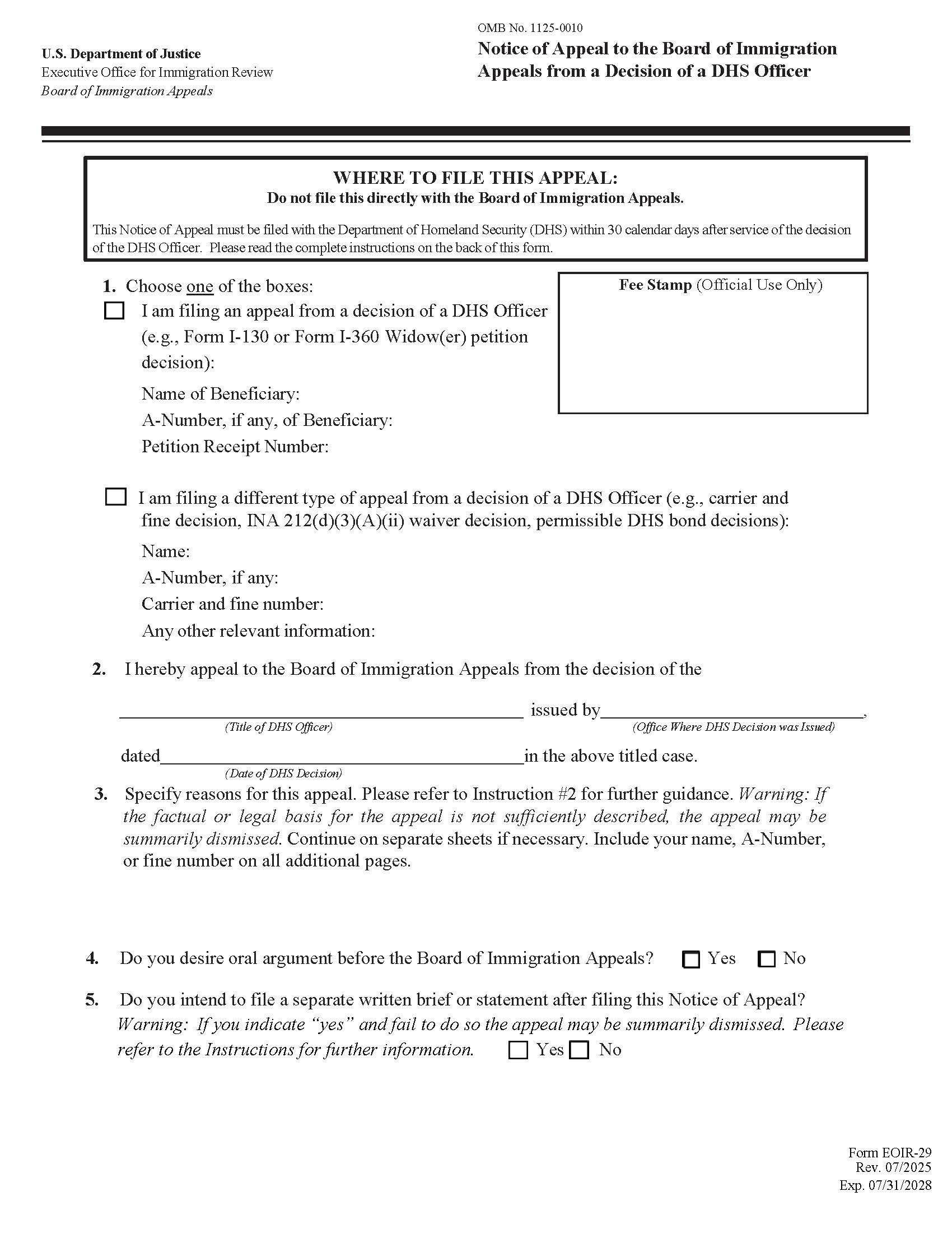 Notice Of Appeal To The Board Of Immigration Appeals From A Decision Of An UCIS Officer {EOIR-29} | Pdf Fpdf Docx | Official Federal Forms