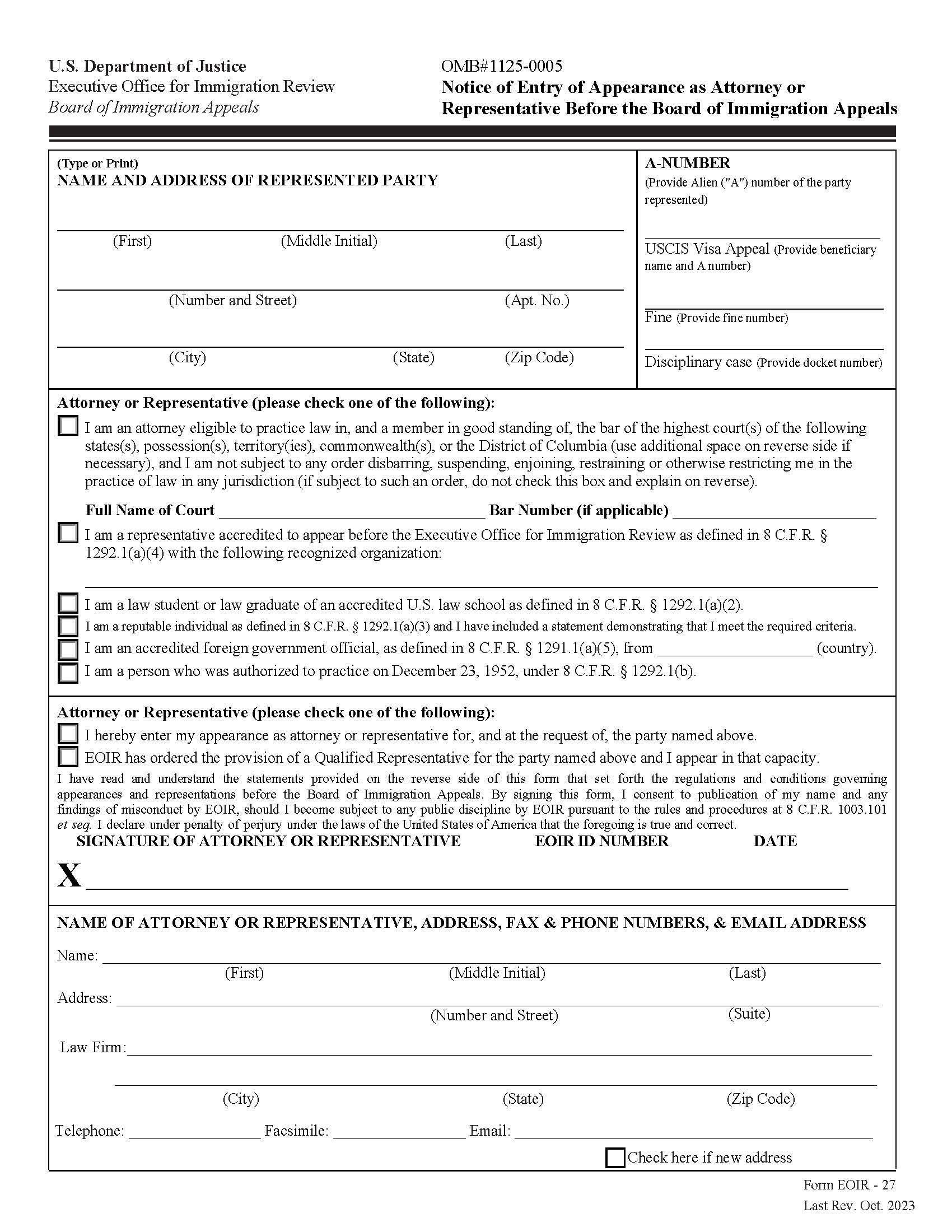 Notice Of Entry Of Appearance As Attorney Or Representative Before The Board Of Immigration {EOIR-27} | Pdf Fpdf Doc Docx | Official Federal Forms