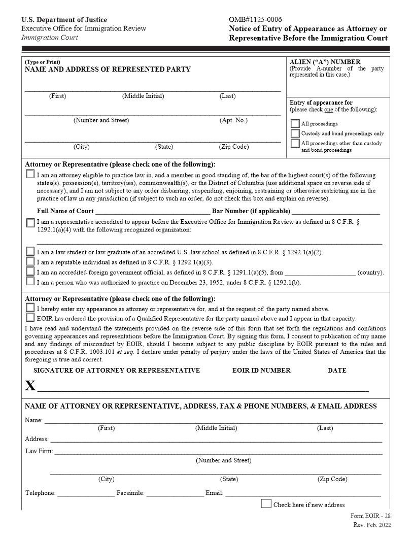 Notice Of Entry Of Appearance As Attorney Or Representative Before The Immigration Court {EOIR-28} | Pdf Fpdf Doc Docx | Official Federal Forms